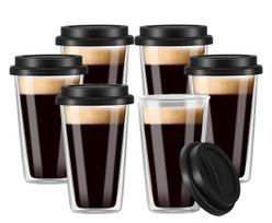 Dvigubų sienelių stikliniai kavos puodeliai su silikoniniais dangteliais, 12 oz 6 vnt
