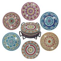 Deimantinės tapybos padėkliukų rinkinys su laikikliu, apvalūs mandalos rašto, 6 vnt