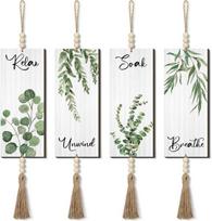 Boho vonios sienų dekoracija, medinis ženklas „Relax Soak Unwind Breathe“ su lapų ir karoliukų motyvais