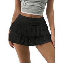 Vasaros daugiasluoksnė raukinė stacking nėrininė trumpa suknelė Spice Girl Seksuali elegantiška nėrininė mini suknelė Moterims Vienspalvė saldi klostuota Slim Fit Skaidrūs drabužiai S juoda