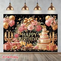 2D Pink Gold Birthday Backdrop, Black Floral Cake Balloon Party Photo Booth Background 47.2x31.5inch/120*80cm