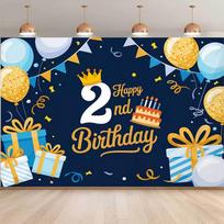 2D Boys 2nd Birthday Backdrop Blue Gold Balloon Gift Photography Banner 47.2x31.5inch/120*80cm