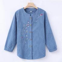 Long Sleeve Round Collar Shirt Grandma Embroidered Cardigan Spring Autumn Pure Cotton Girl Middle-aged Elderly XL mėlyna
