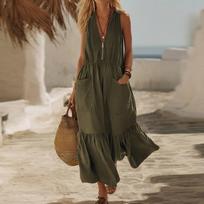 Boho Maxi Dress Sleeveless Dresses for Women 2026 Spring Wedding Guest Dress Casual Loose Fit with Pockets M