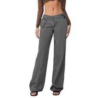 Womens High Waisted Baggy Wide Leg Pants Y2K Streetwear Fashion Casual Trousers with Decorative Belt and Zipper Pockets L