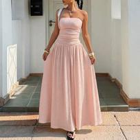 Sleeveless Strapless Tube Dress Women's Casual Fashion Slim Fit Elegant Long Maxi Dress with Pleated Skirt Design for Summer XL rožinė