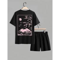 Tokyo Cherry Blossom & Mt. Fuji Print T-Shirt Men's Fashion Oversized Set Summer Casual Top & Drawstring Shorts Two-Piece Set S
