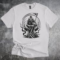 Grim Reaper Scythe Dark Art Graphic Shirt Tshirt Skeleton Design S įvairiaspalvis
