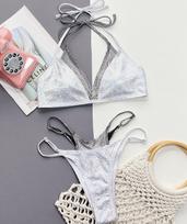 Moteriškas maudymosi kostiumėlis sidabrinė apykaklė imituotas dviejų dalių seksuali atvira nugara surišamas stringų bikini paplūdimio kostiumėliai maudymosi kostiumėliai S sidabras