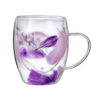 Stiklinis kavos puodelis su dviguba sienele 250/350 ml plunksnų dizaino puodelis su rankena, izoliuota nuo nuplikimo, patogios rankenos temperatūros valdymo puodelis 350ml