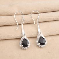 Natural Black Onyx Gemstone 925 Solid Silver Jewelry Zircon Long Earrings 1.86  CZE-7-17