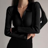 2025 Women Lapel Slim Tops Ladies Buttons Sexy V Neck Long Sleeve POLO Neck Knit Cardigan Sweater S juoda