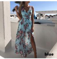 Moteriška Boho suknelė su gėlėmis ilgas sijonas su storu V kaklu Vasaros paplūdimio vakarėlio saulėta suknelė be rankovių, suskirstyta ilga suknelė 3XL mėlyna