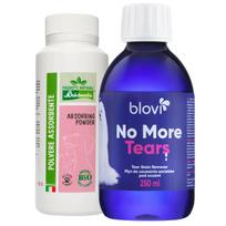 Baldecchi Absorbuojantys Milteliai 90g + Blovi No More Tears - rinkinys ašarų dėmių ir kailio spalvos pakitimų mažinimui