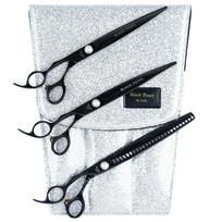 Geib Black Pearl Lefty žirklių rinkinys - profesionalių žirklių ir retinimo žirklių rinkinys (26 dantys), pagamintas iš japoniško kobalto plieno, 3 dalys.