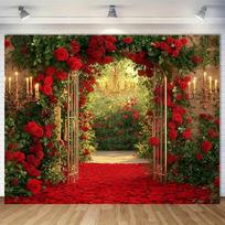2D Romantic Celebration Backdrop, Red Rose Garden Arch for Wedding & Engagement 47.2x31.5inch/120*80cm