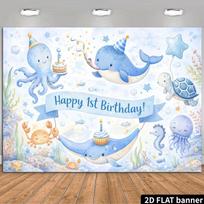 2D Watercolor Ocean Animals 1st Birthday Backdrop Underwater Party Supplies 47.2x31.5inch/120*80cm