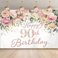 2D Elegant 90th Birthday Backdrop with Blush Pink Flowers & Greenery 47.2x31.5inch/120*80cm