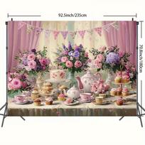 2D Elegant Tea Party Backdrop, Floral & Cupcake Garden Party Decoration 47.2x31.5inch/120*80cm