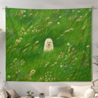 fluffy little dog on the grass tapestry 75x100 juoda