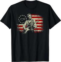 Abraham Lincoln Playing Electric Guitar Rocker American Flag T-Shirt S įvairiaspalvis