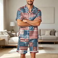 Men Satin Short Sleeve Pajama Set Two Piece Sleepwear with Shorts and Pocket Lightweight Smooth Fabric Comfortable Fit L mėlyna