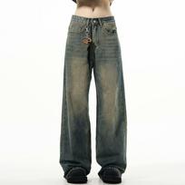 Men's Vintage Washed Wide Leg Jeans With Retro Distressed Finish S mėlyna