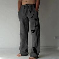 Men's Loose Casual Solid Color Cotton Linen Trousers Elastic Tie Printed Straight Pants S
