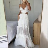 Autumn European American Sexy Home Sling Lace See Through Hole Dress XXL balta