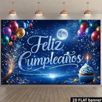 2D Spanish Happy Birthday Backdrop,  Feliz Cumpleaños  Starry Night Photography Background 47.2x31.5inch/120*80cm