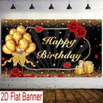 2D Happy Birthday Photography Backdrop, Black Gold Glitter & Red Rose Themed Party Banner 47.2x31.5inch/120*80cm
