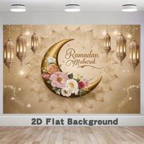 2D Ramadan Mubarak Backdrop, Golden Moon Lantern Floral Party Background 47.2x31.5inch/120*80cm