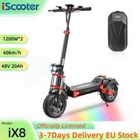 iScooter iX8 60KM/H Elektrinis paspirtukas 12 colių visureigio padanga 1200W*2 Dvigubas variklis 48V20AH Baterija 70KM nuotolis Dvigubi diskiniai stabdžiai E Paspirtukas iX8 60KM/H juoda