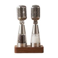 Multi-Functional Microphone Design Salt Grinder and Pepper Mill Set with Adjustable Ceramic Grinding Mechanism and Wooden Stand for Kitchen Use