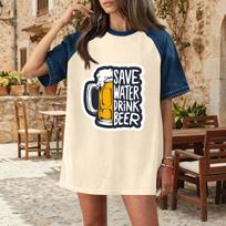 Casual Women Denim Patchwork Oktoberfest Graphic T Shirt Comfortable Short Sleeve Loose Fit Top for Daily Wear XL chaki