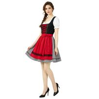 Traditional Oktoberfest Dress for Women Bavarian Beer Festival Costume with Apron Lace-Up Bodice and Puff Sleeves L raudona