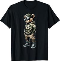Camo Hip Hop Teddy Bear Cool Rapper Streetwear Graphic T-Shirt S įvairiaspalvis