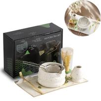 7 dalių matcha plakiklių rinkinys, japoniškas matcha arbatos rinkinys su bambukiniu plakikliu, keramikiniu indeliu, šaukšteliu ir sieteliu, pilnas ceremonijos rinkinys, dovana balta