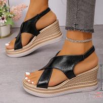 Fashion Gold Cross Strap Wedge Heels Sandals Women Summer 2025 Chunky Platform Light Weight Sandles Woman Plus Size Rome Sandalias Mujer 35 juoda