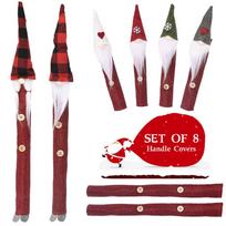 Adorable Vintage Forest Santa Burlap Handle Covers Eight Piece Set For Holiday Cheer
