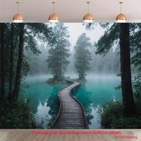 2D Foggy Nature Backdrop Forest Lake with Turquoise Water and S-Wooden Walkway Background 47.2x31.5inch/120*80cm