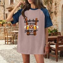 Casual Women Denim Patchwork Oktoberfest Graphic T Shirt Short Sleeve Comfortable Loose Fit Top for Everyday Wear S rožinė