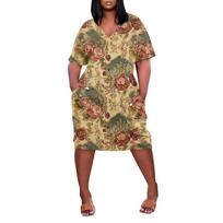 Women Plus Size V Neck Short Sleeve Knee Length Dress with Pockets Casual Loose Fit Vintage Floral Print for Summer Wear XL