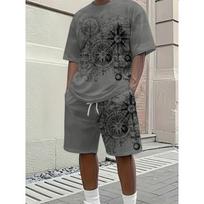 2026 summer new men's T-shirt shorts set Vintage Nautical Style print short sleeved round neck T-shirt summer casual outdoor comfortabl S pilka