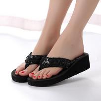 Ladies, Outerwear, Flip Flops, Height Increasing, Thick Sole, Wedge Heel, Sandals 36 juoda