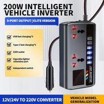 DC 12V/24V to AC 220V 200W Car Inverter PD+QC3.0 Dual Type C+4 USB Ports Phone Charger Cigarette Lighter Power Adapter 9 In 1 neoninės oranžinės spalvos
