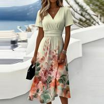 Ladies' floral casual fashionable short sleeved V-neck dress L