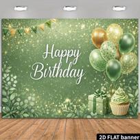 2D Green Gold Birthday Backdrop, Nature Plant Balloon Cupcake Party Banner Decor 47.2x31.5inch/120*80cm