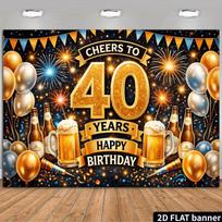 2D Happy 40th Birthday Photography Backdrop Beer Fireworks Party Photo Booth Banner 47.2x31.5inch/120*80cm