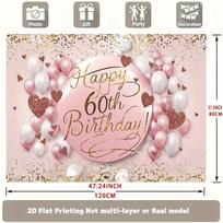 2D Elegant 60th Birthday Backdrop, Pink Balloon & Gold Heart Party Background 47.2x31.5inch/120*80cm